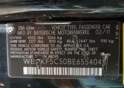 2011 BMW 328 Xi Sulev z USA, uszkodzony, nr VIN WBAKF5C50BE655404